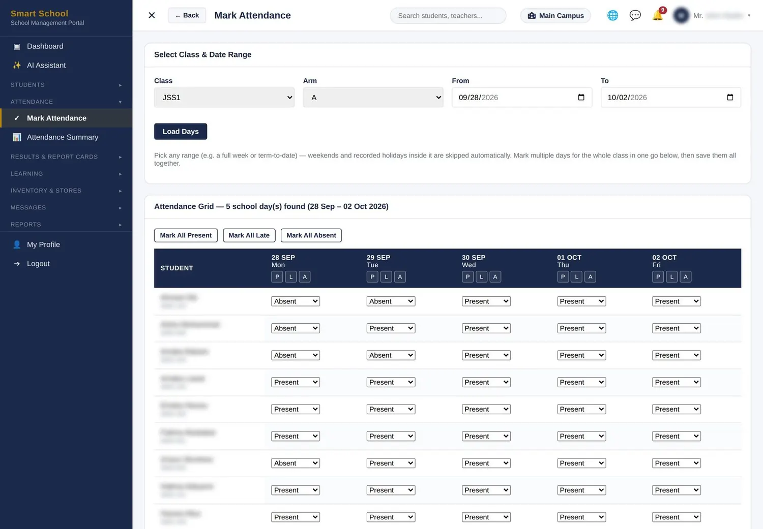 Attendance & timetable screen