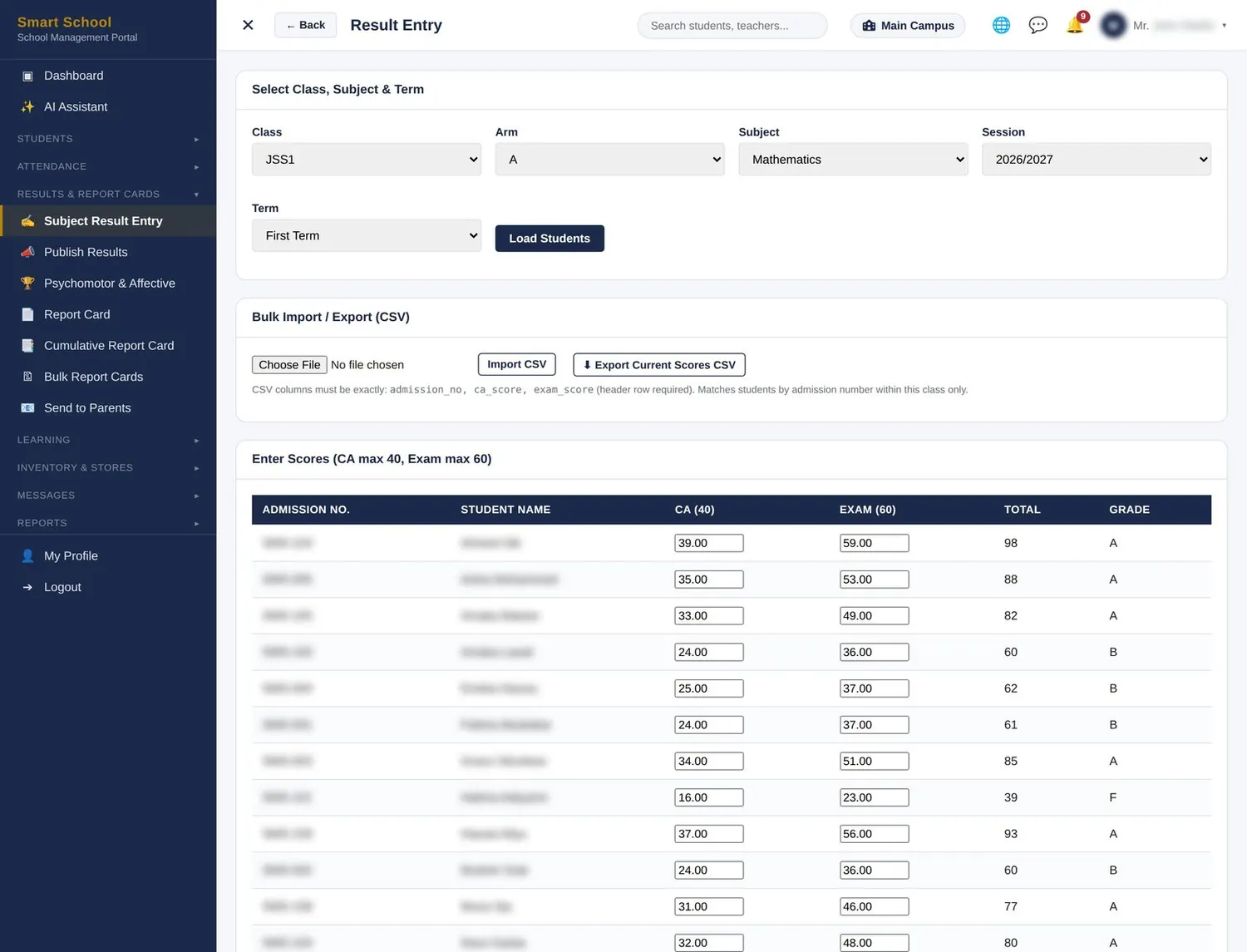 Results & report cards screen