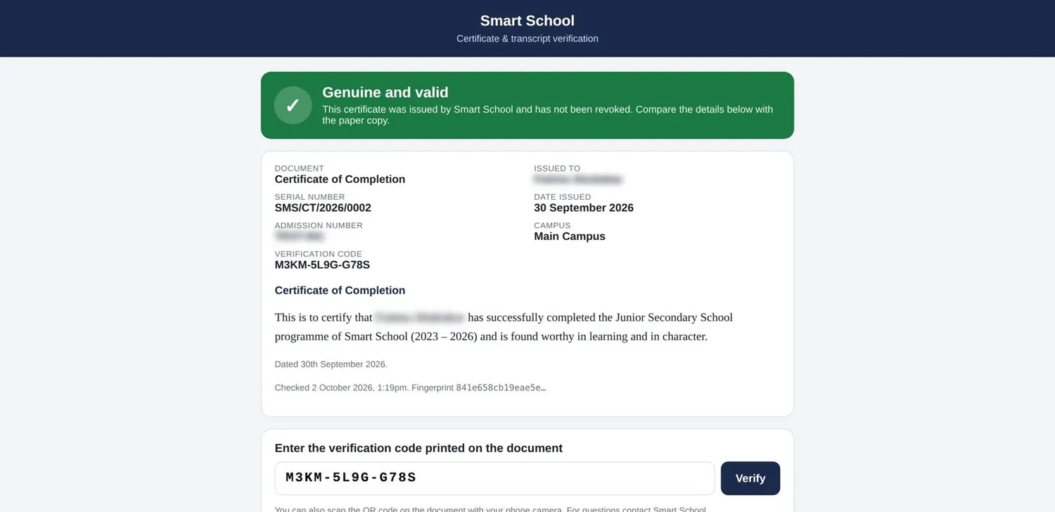 Certificates & QR verification second view